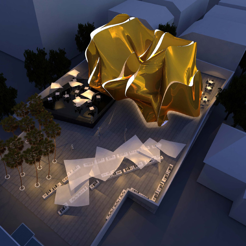 Curvilinear Golden Façade with Integrated Public Plaza for Fashion and Community Interaction