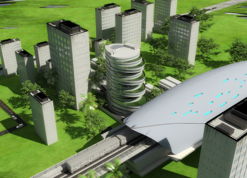 Draped Facade of Glass and Concrete Blending Natural Elements in a Vibrant Urban Hub