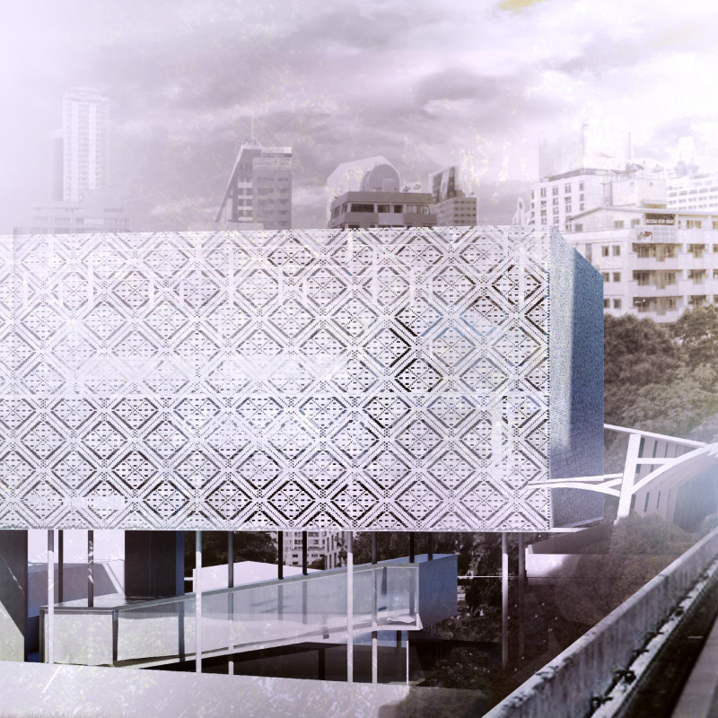 Perforated Aluminum Facade with Vertical Landscaping in a Multifunctional Community Space