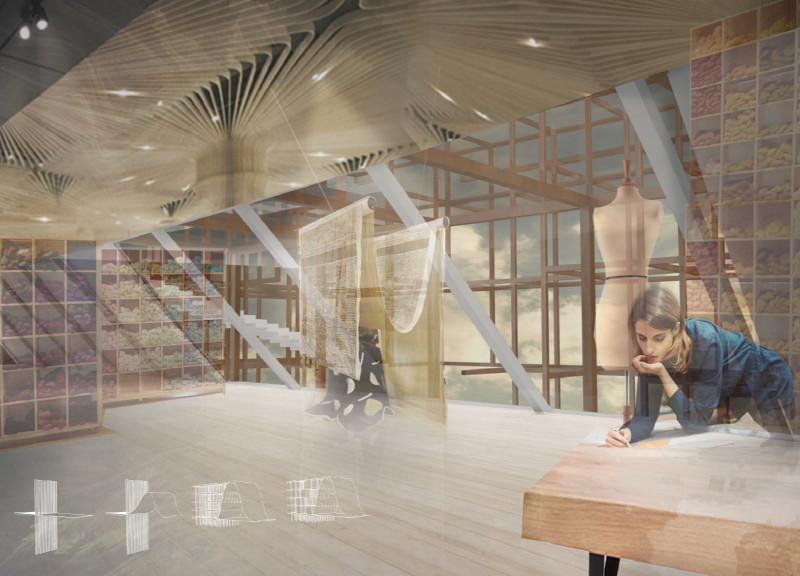 Curvilinear Glass Facade with Timber Accents Defining a Cultural Hub for Fashion