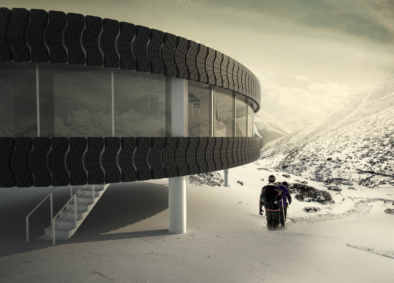 Circular Lodge with Electric-Chromic Glass and Recycled Rubber Cladding in Mountain Landscape