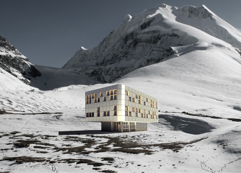 Disintegration Concept with Aluminum Cladding and Insulated Glazing for Mountain Shelter