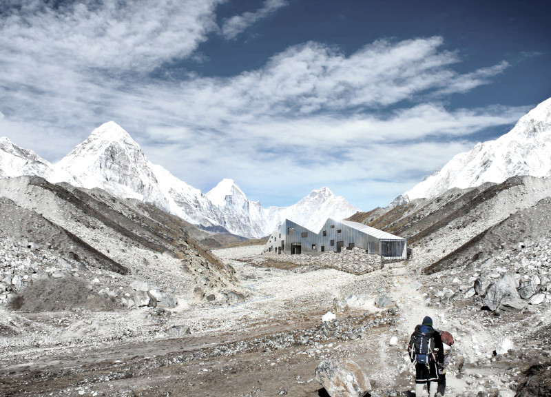 Sustainable Shelter Crafted from Local Stone with Metal Cladding for High-Altitude Climbers