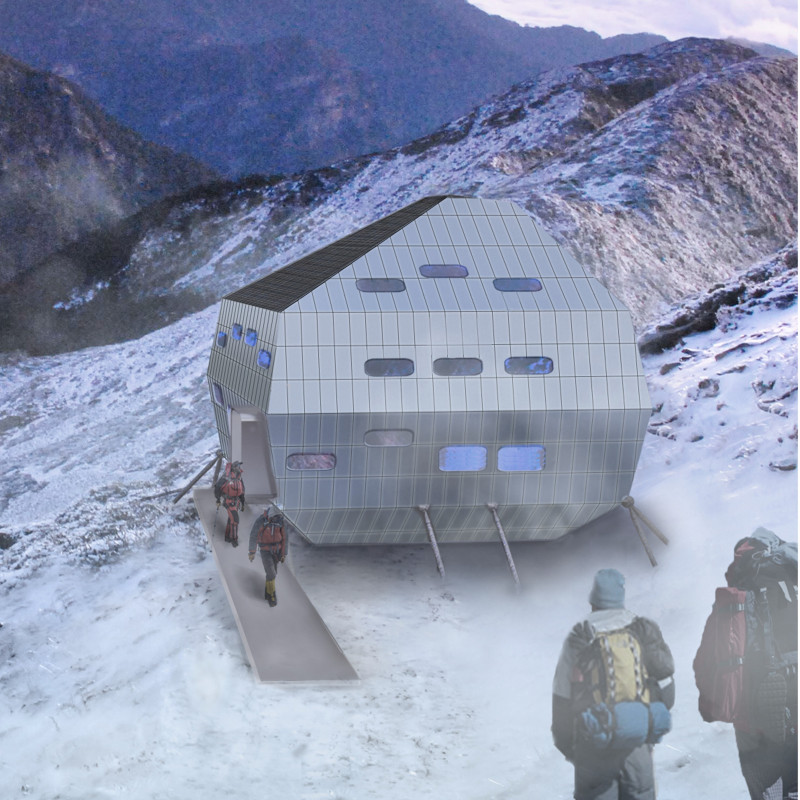 Sustainable Mountain Refuge Featuring Aluminum Cladding and Elevated Timber Framework