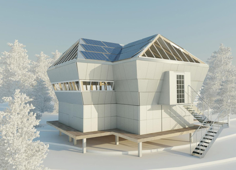 Stained Glass Facade Enveloping Elevated Wooden Structure in Himalayan Wilderness