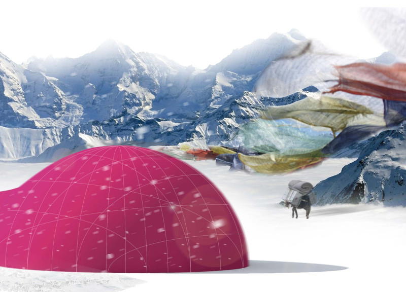 Inflatable Shelter Utilizing Recycled Textiles and Integrated Wind Turbines for Eco-Friendly Trekking