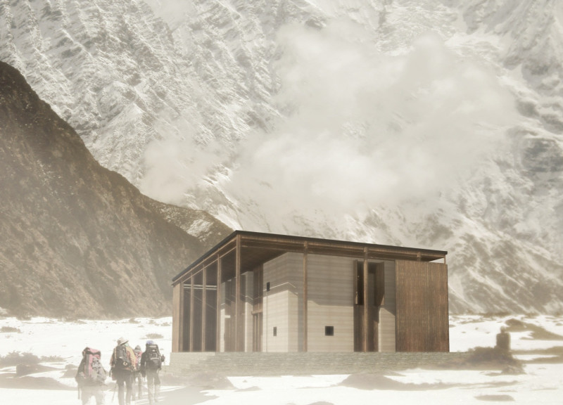Rammed Earth Shelter with Local Hardwood and Thermal Efficiency for Himalayan Trekkers