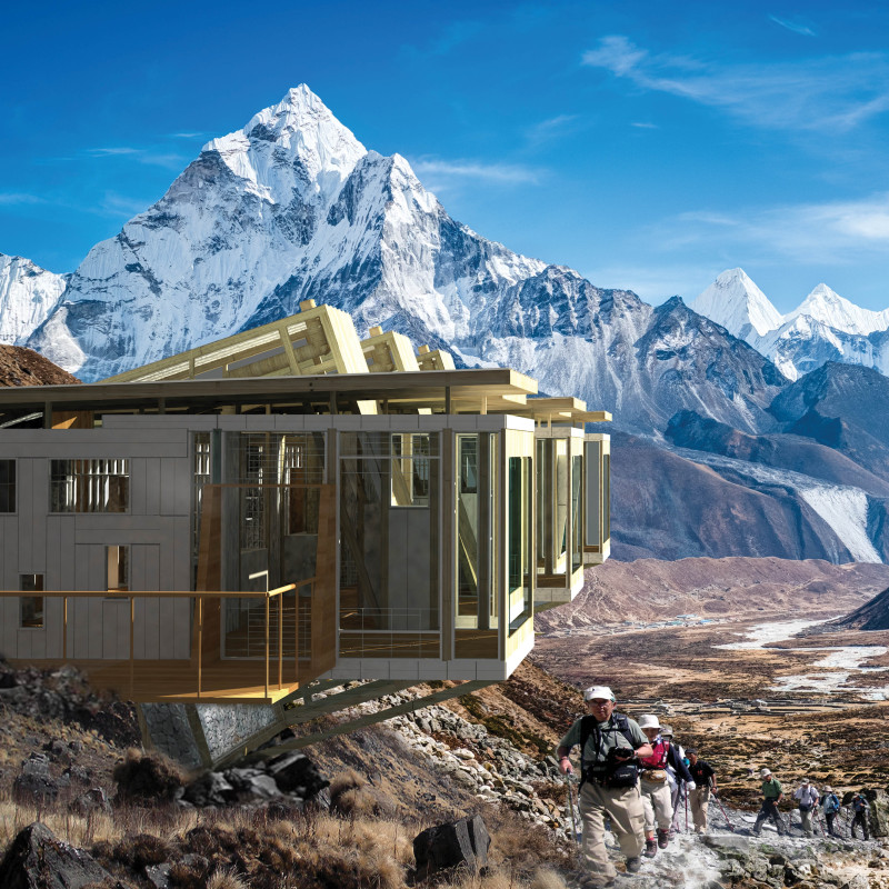Engineered Bamboo Shelters Utilizing Stone Gabions for Sustainable Mountain Accommodations