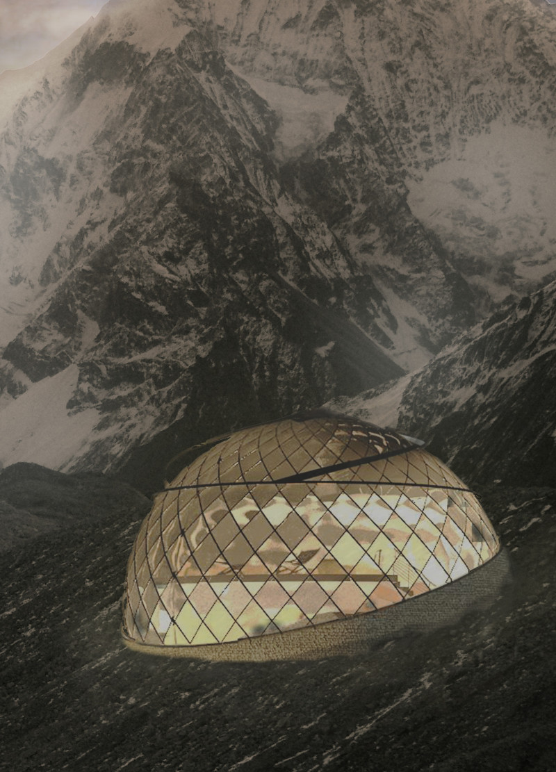 Spherical Shelter Constructed with Translucent Plastic and Local Stone in the Himalayas