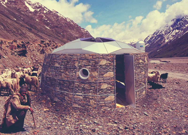 Circular Shelter Constructed with Piled Stone and Aluminum Panels for High-Altitude Living