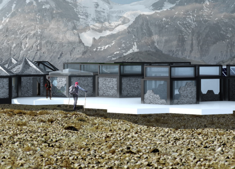 Cellular Huts with Green Roofs and Local Stone Integration in the Himalayas