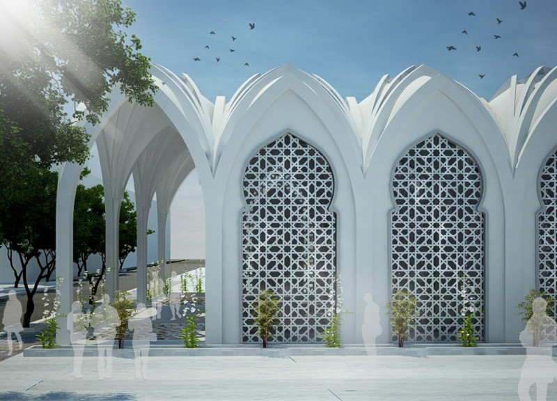 Courtyard Memorial Crafted with Zellige Tiles and Concrete for Community Engagement