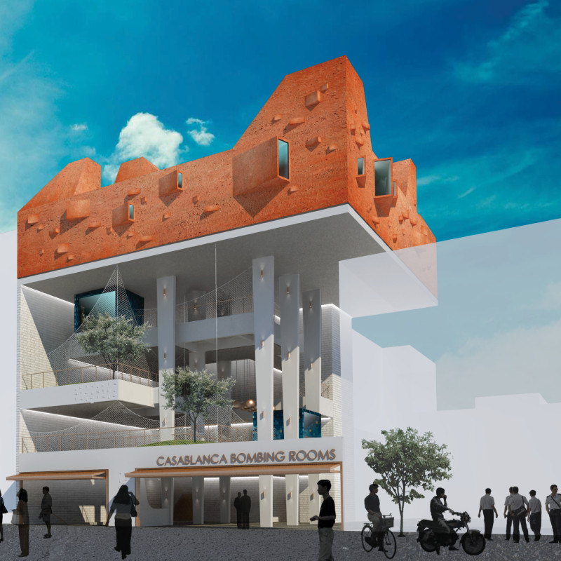 Red Earth Roof and Curvilinear Forms Creating a Memorial Library Space