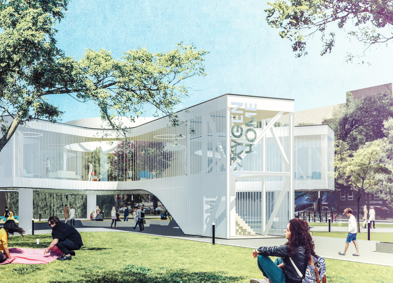 Elevated Community Hub with U-Glass Façades and Sustainable Wood Elements