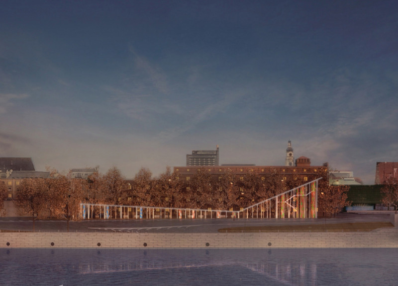Column-Forest Structure with Concrete and Glass for Remembrance in a Public Space