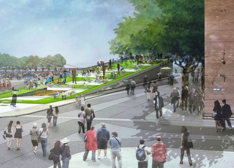 Reflective Concrete Ramp with Steel Supports in a Communal Public Space