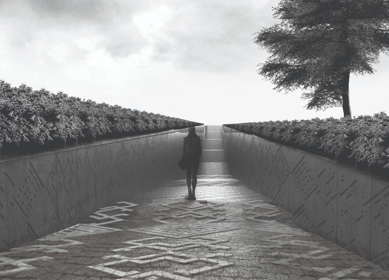 Charred Wooden Shingles and Transparent Glass Intersecting in a Tranquil Pathway Environment