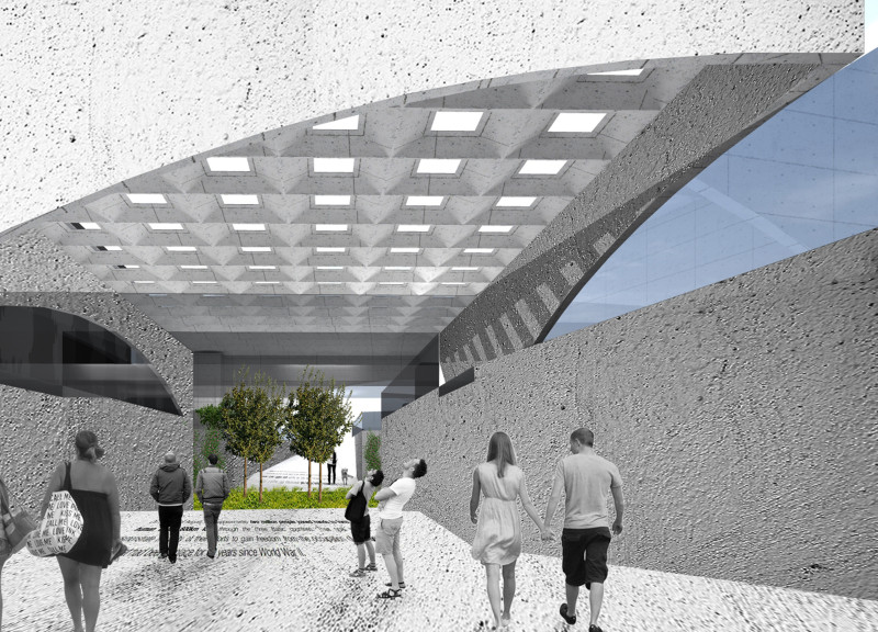 Curved Concrete and Glass Structure Commemorating Unity in Community Space