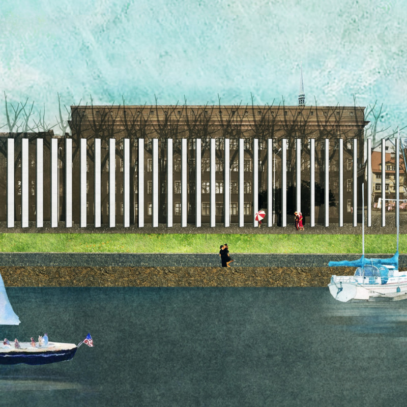 Charred Wood and Concrete Structure Enhances Community Reflection Along the Daugava River