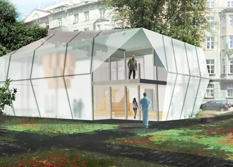 Curvilinear Structure Enhanced by Zinc Panels and Communal Hearth in Kraków Rehabilitation Center