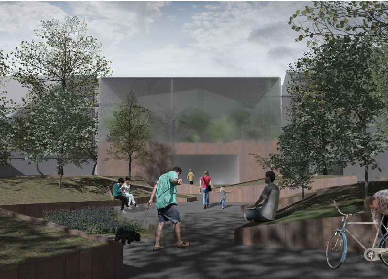 Translucent Glass Walls and Natural Walnut Accents in an Urban Community Space