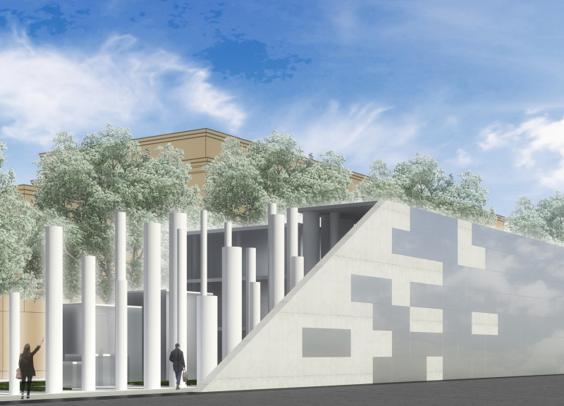 Human Chain Structure Featuring Concrete and Glass Amidst Reflective Landscapes