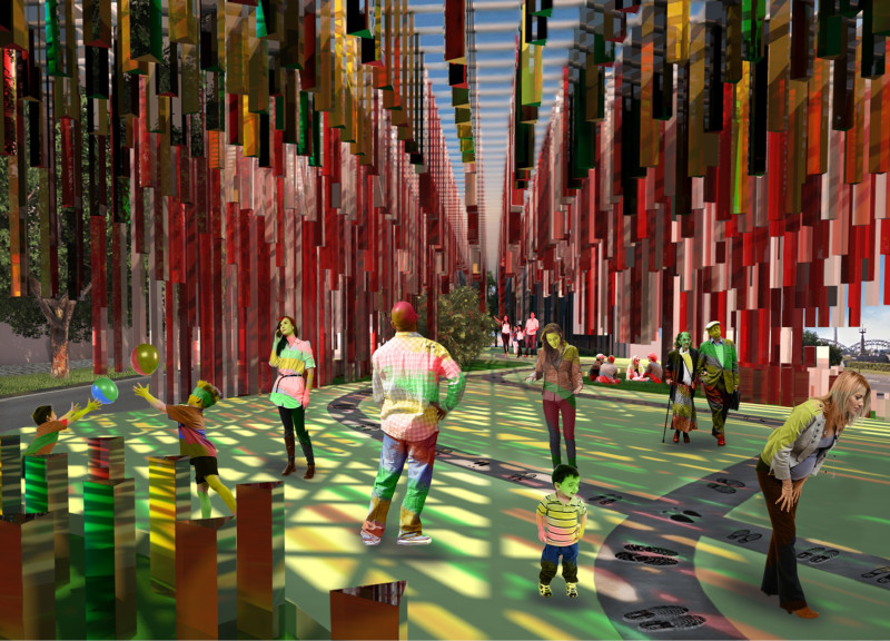 Vertical Bars of Colored Glass Create Interactive Memorial Space with Sustainable Materials