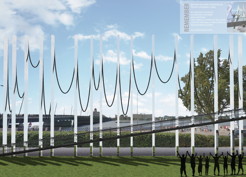 Chains of Curvilinear Cables in Concrete Elevate a Community Memorial Center