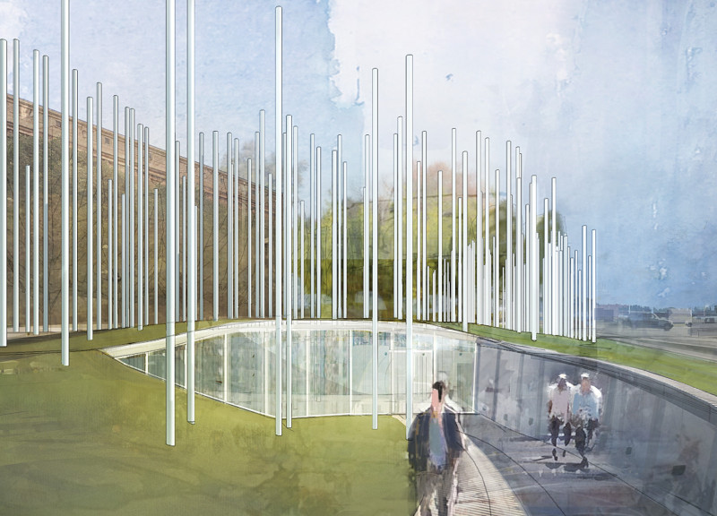 Vertical Steel Columns Framing a Reflective Memorial Space Along the Daugava River