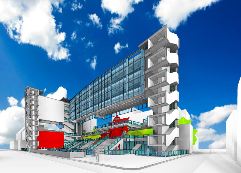 Cantilevered Spaces Enhanced by Vibrant Red Accents and Natural Wood Textures in an Urban Educational Hub