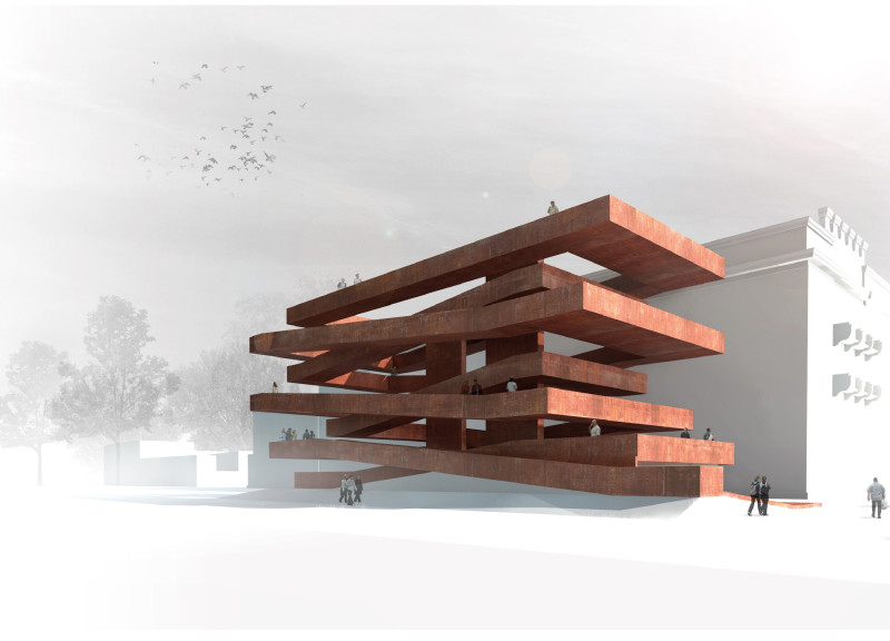 Weathered Corten Steel and Concrete Structure Emphasizing Community Connection Through Human Scale Design