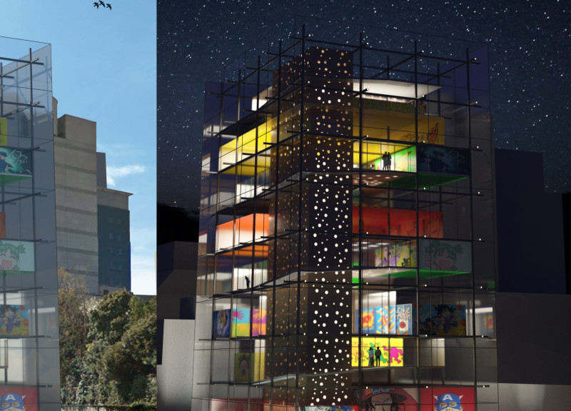 Vibrant Graphic Facade with Double-Skin Glass and Steel Framework in a Cultural Community Pavilion