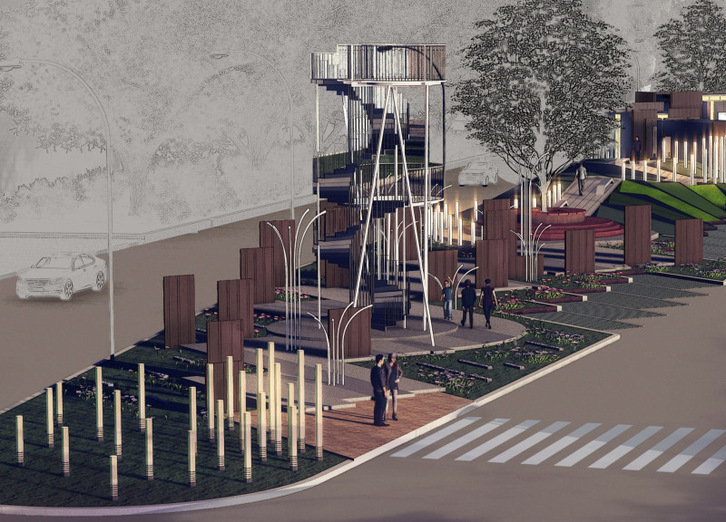 Charred Wooden Shingles Complement Steel Structures in a Memorial Landscape Promoting Unity