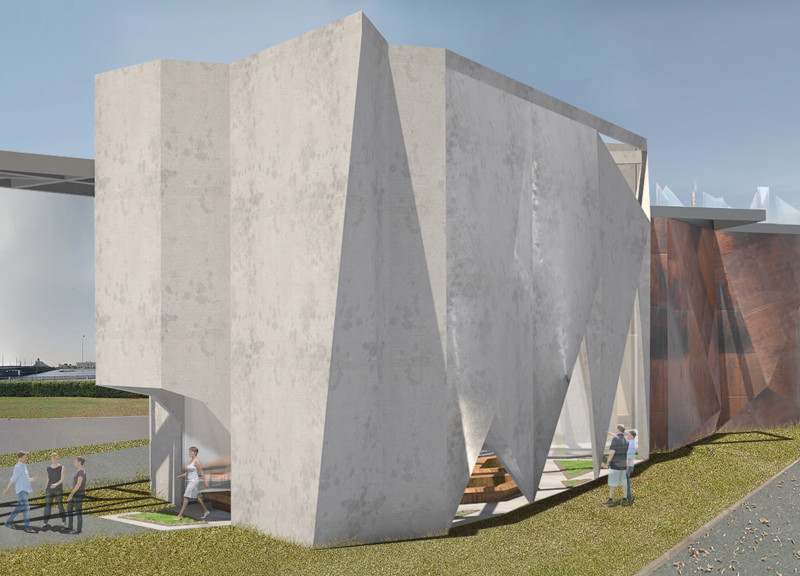 Weathered Steel and Concrete Form a Community Hub Rooted in Historical Significance