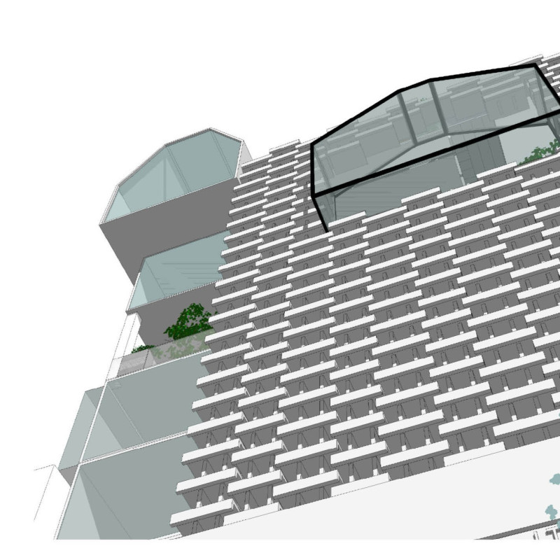 Faceted Concrete Facade with Integrated Green Spaces for Artistic Collaboration