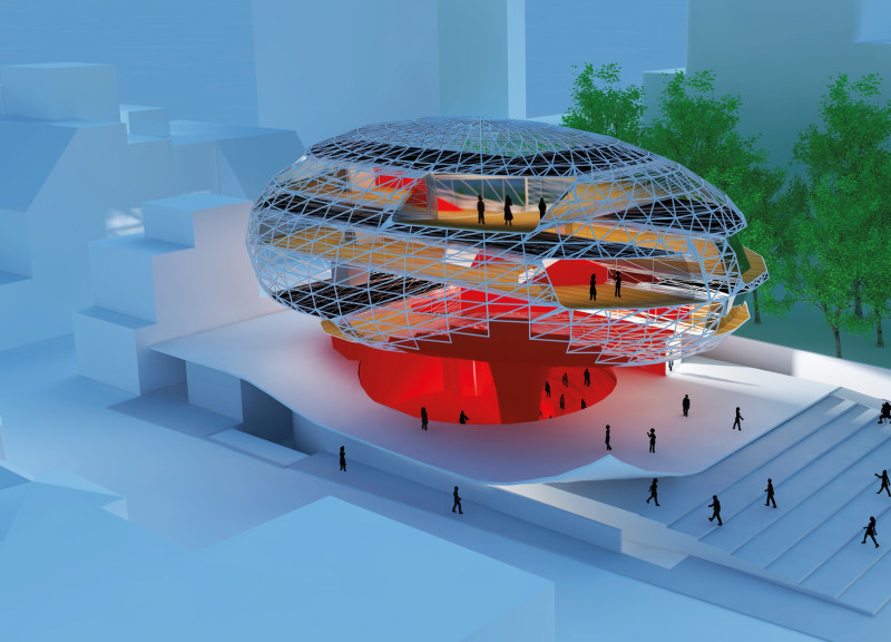 Dynamic Oval Structure Utilizing Steel and Glass with Natural Wood Elements for Community Engagement