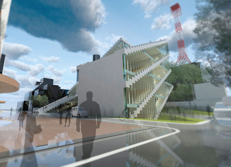 Charred Wood Shingles and Concrete Atrium in a Multi-Use Community Hub