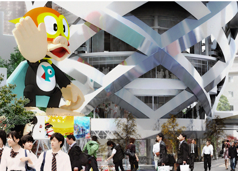 Reflective Stainless Steel Facade Combined with Flexible Spaces in a Tiered Urban Pavilion