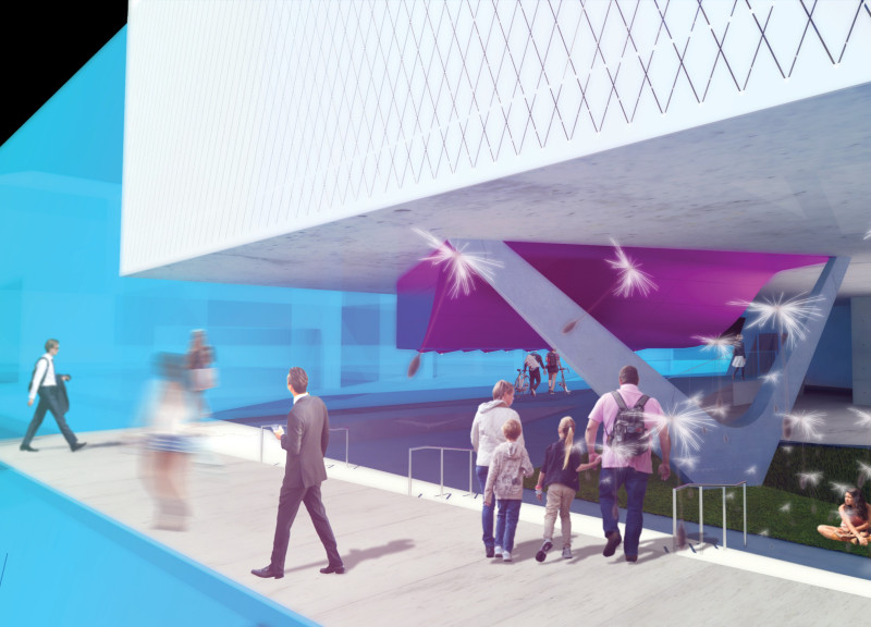 Vibrant Purple Panels and Transparent Facades in a Contemporary Cultural Center