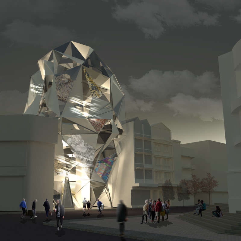 Geometric Form Created with Glass and Steel in a Community-Focused Artist Retreat