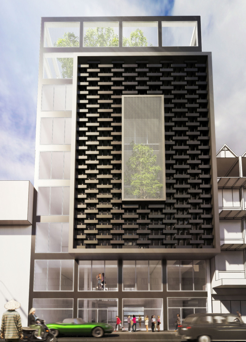 Perforated Metal Facade and Integrated Greenery Define a Contemporary Urban Hub