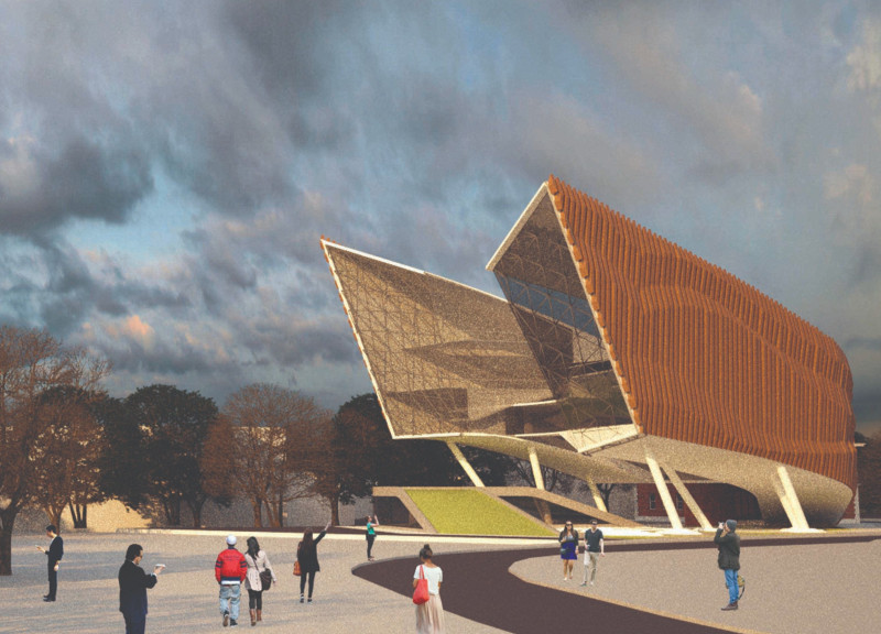 Curvilinear Glass Facade Enveloped in Sustainable Wood Cladding for a Community-Centric Learning Space