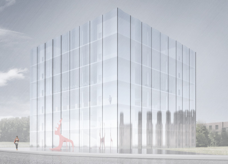 Reflective Glass Facade and Crimson Artwork in a Community-Centric Educational Hub