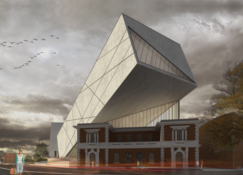 Cantilevered Glass Form Featuring Reinforced Concrete and Adaptive Exhibition Spaces