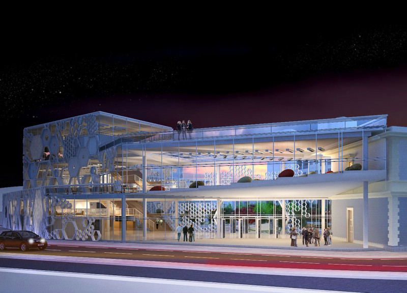 Metal Frames and Transparent Glass Panels Create Engaging Educational Hub in Urban Setting