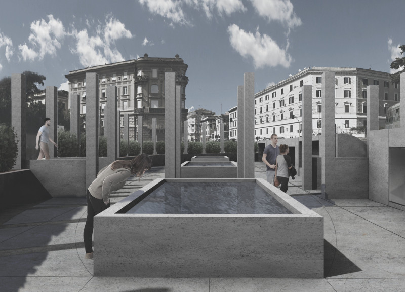 Reflective Pool and Spiral Staircase Enhancing Urban Flow with Concrete and Wood Elements