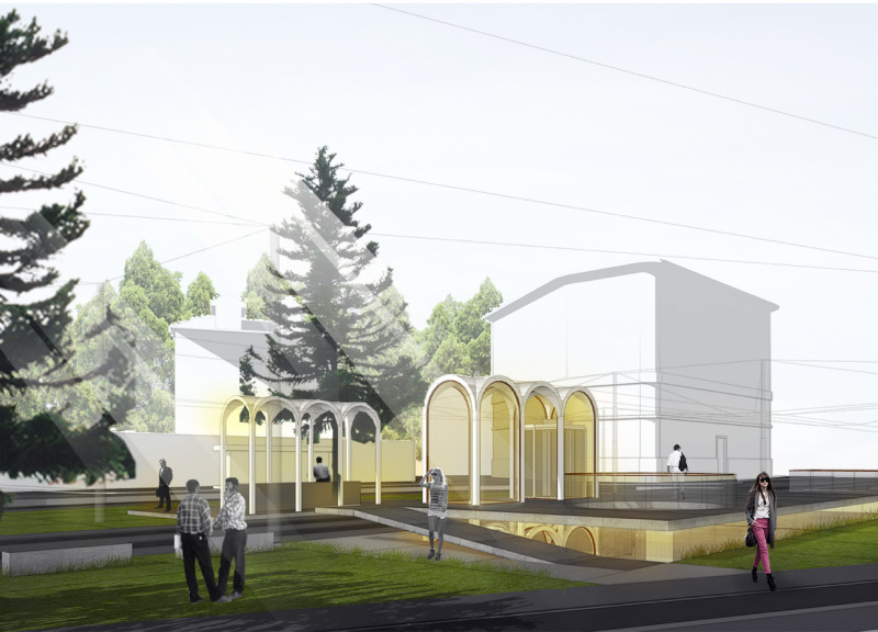 Circular Void Surrounded by Glass Arches and Concrete Layers in a Revitalized Urban Pavilion