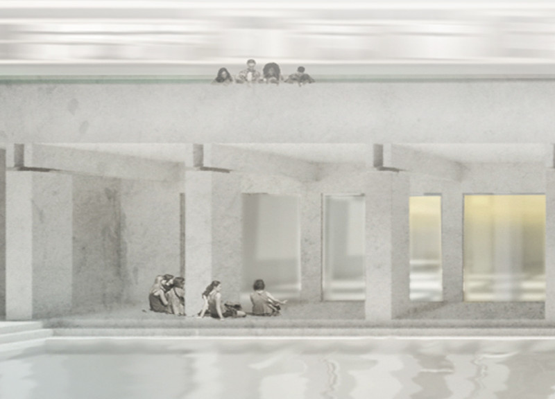 Raw Concrete Facade with Integrated Tram Access Enhancing Urban Gathering Spaces