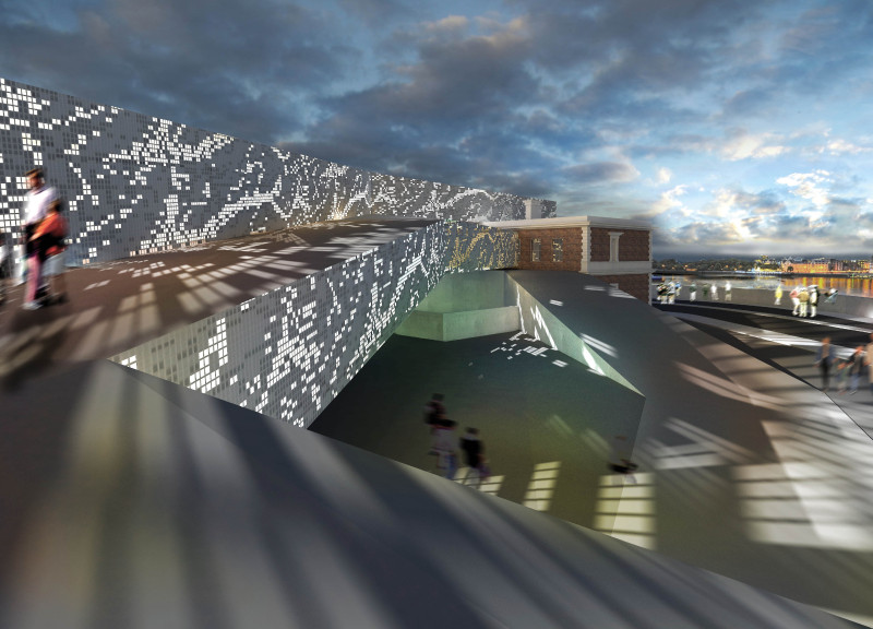 Dynamic Façade Created with Perforated Glass and Sustainable Materials in a Community-Centric Exhibition Space