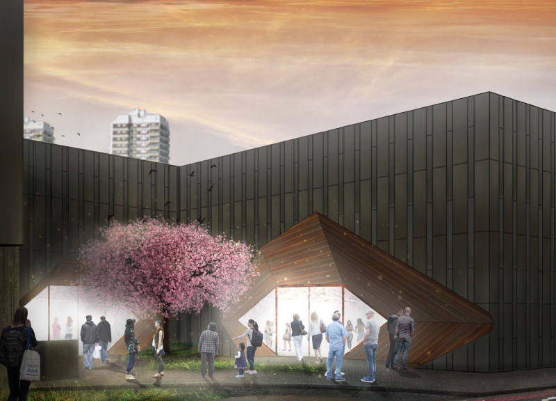 Dynamic Geometric Facade Crafted from Transparent Glass and Natural Wood Elements in a Cultural Hub